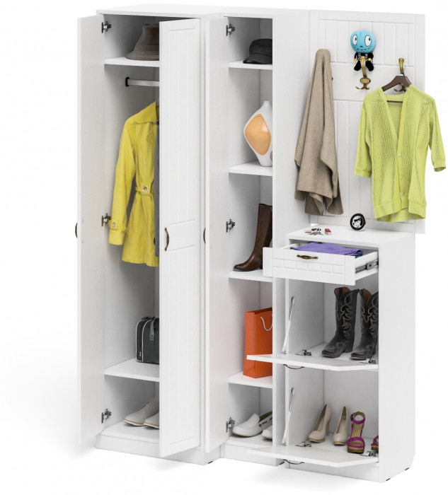 Прихожая П-6 Компоновка № 30, белая шагрень/фасады МДФ белое дерево фрезеровка прованс