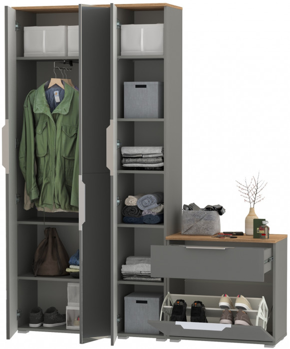 Октава Прихожая 21, цвет серый графит/дуб крафт золотой/фасады МДФ серый графит, ШхГхВ 161,5х35,4х197,6 см., универсальная сборка