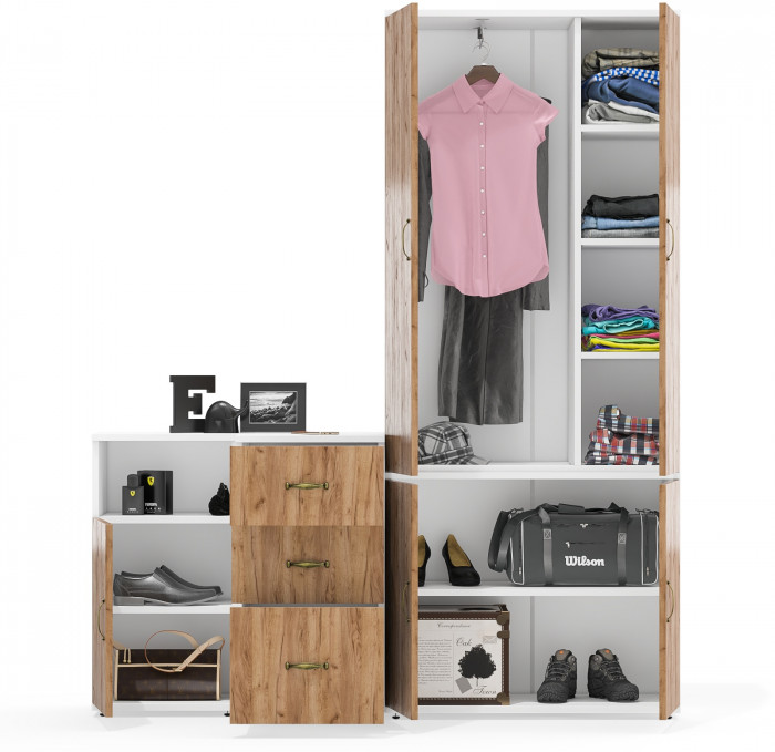 Лидер-8 Шкаф МД 20Б + Тумба МД 3.16 + Тумба МД 3.19, белый шагрень/крафт золото