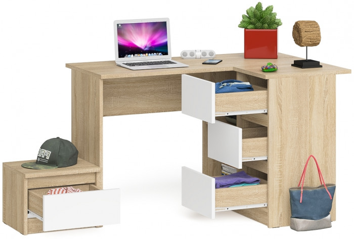 Мори компьютерный стол МС-16 правый + Тумба ТМП400.1, дуб сонома/белый
