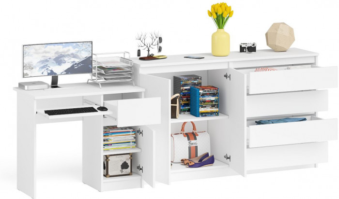 Мори компьютерный стол МС-1 правый + Комод МК1600.1, белый