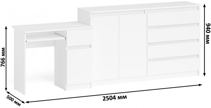Мори компьютерный стол МС-1 правый + Комод МК1600.1, белый