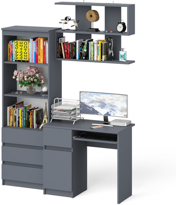 Мори Стол компьютерный МС-1 левый + Стеллаж МСТ600.3 + Полка 900, цвет графит, ШхГхВ 150,4х50х209,6 см., НЕ универсальная сборка
