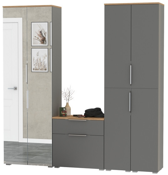 Октава Прихожая 28, цвет серый графит/дуб крафт золотой/фасады МДФ серый графит, ШхГхВ 193,7х35,4х197,6 см., универсальная сборка