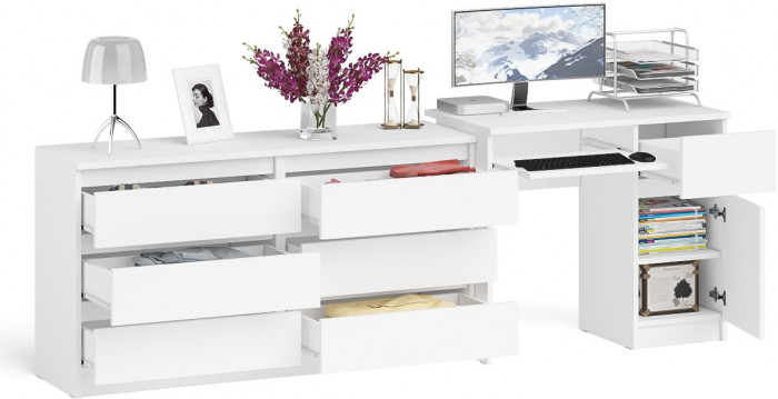 Мори компьютерный стол МС-1 правый + Комод МК1380.6, белый