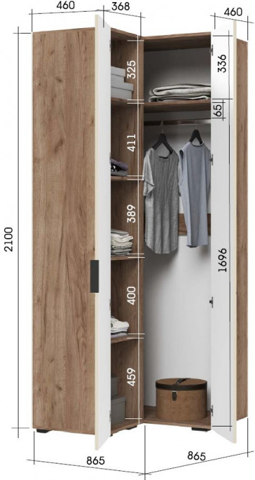 СОНАТА ШК 05 Шкаф угловой (865х2100х865) Фасад МДФ МОНО КЕРАМИКА/Корпус ДУБ КРАФТ ТАБАЧНЫЙ