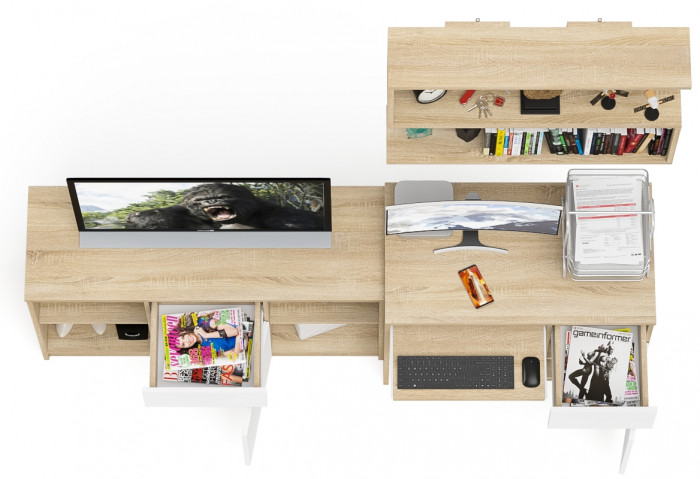 Мори Стол компьютерный МС-1 правый + Тумба МТВ1204.1 + Полка 900, цвет дуб сонома/белый, ШхГхВ 210,4х50х209,6 см., НЕ универсальная сборка