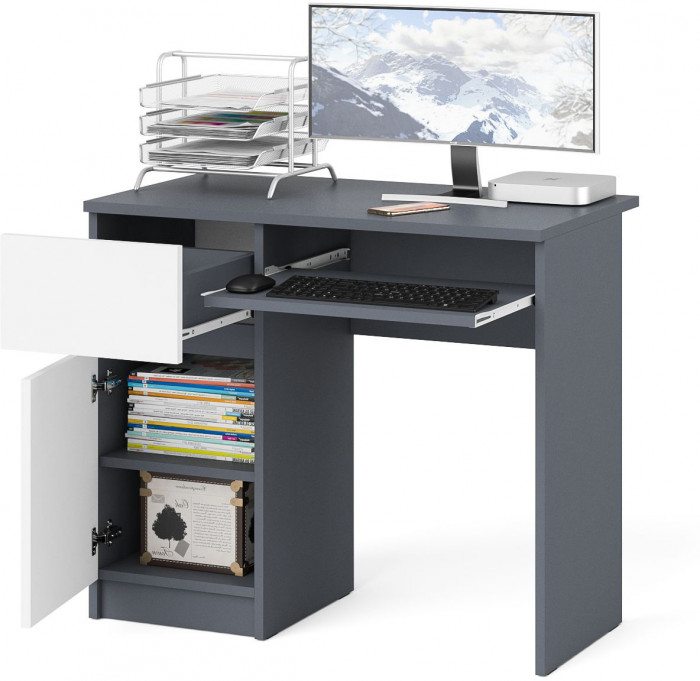 Мори Стол компьютерный МС-1 левый, цвет графит/белый, ШхГхВ 90х50х76,6 см., выдвижной ящик слева, НЕ универсальная сборка