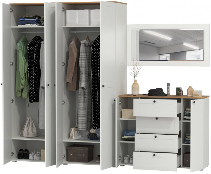 Остин Прихожая 26, цвет белый шагрень/дуб крафт золотой, ШхГхВ 280х54,3х229,6 см., универсальная сборка