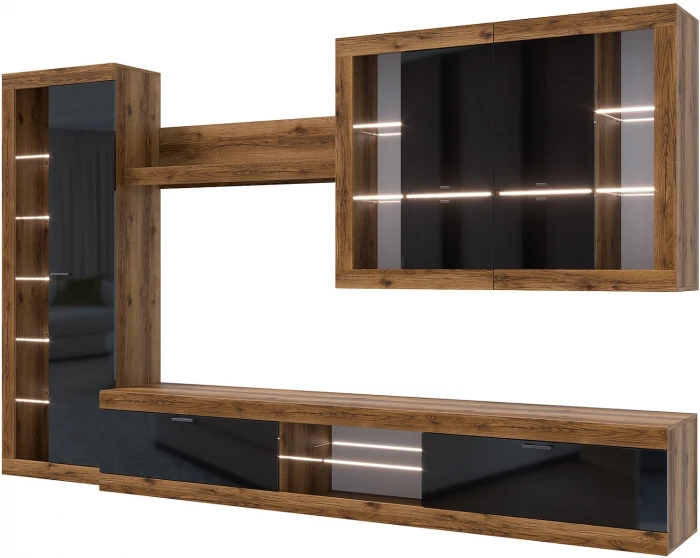 Прага Модульная Гостиная, вариант №2, Дуб Делано/Черный глянец