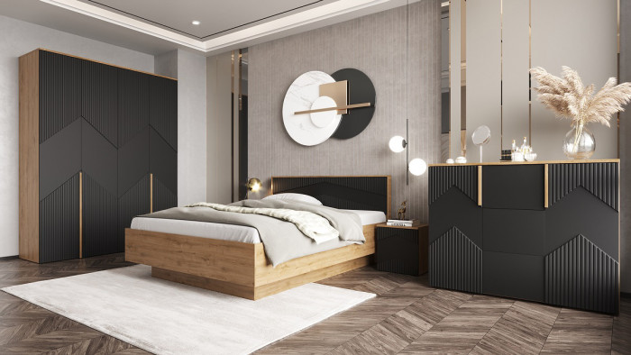 Кровать двуспальная 140х200 "Оливия" с щитовым основанием - Дуб наварра/Шагрень черная