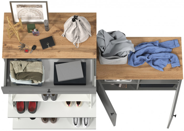 Остин 16.121 Тумба для обуви + 13.257 Тумба, цвет серый графит/дуб крафт золотой, ШхГхВ 160х41,9х99,3 см., универсальная сборка