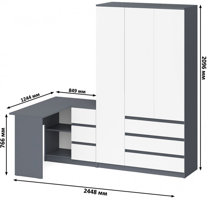Мори компьютерный стол МС-16 правый + Шкаф МШ1200.1, графит/белый