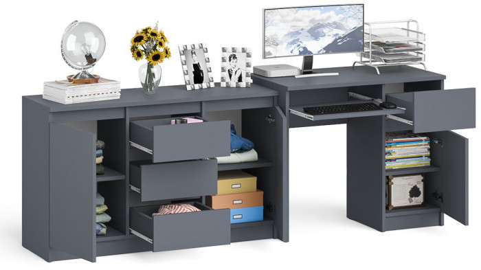 Мори Стол компьютерный МС-1 правый + Комод МК1200.3, цвет графит, ШхГхВ 210,4х50х76,6 см., выдвижной ящик справа, НЕ универсальная сборка