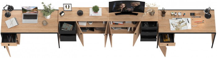 Брюс два Стола 12.157 + два Комода 16.233, цвет чёрный/Battle rock Santiago/столешница МДФ ель карпатская, 486,8х62,6(38,3)х75(85,6) см., ун. сб.