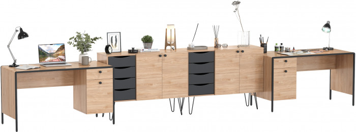 Брюс два Стола 12.157 + два Комода 16.233, цвет чёрный/Battle rock Santiago/столешница МДФ ель карпатская, 486,8х62,6(38,3)х75(85,6) см., ун. сб.