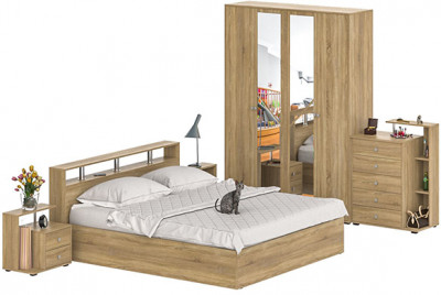 Камелия спальня № 4 Кровать 1800 + Две тумбы + Комод + Шкаф 4-х створчатый, цвет дуб сонома, сп.м. 1800х2000 мм., б/м, основание есть