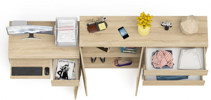 Мори компьютерный стол МС-1 правый + Комод МК1600.1, дуб сонома