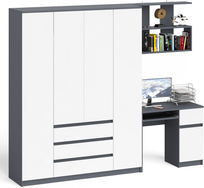 Мори компьютерный стол МС-1 правый + Шкаф МШ1600.1 + Полка 900, графит/белый