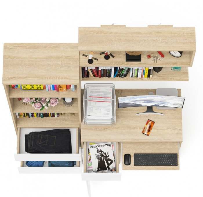 Мори Стол компьютерный МС-1 левый + Стеллаж МСТ600.3 + Полка 900, цвет дуб сонома/белый, ШхГхВ 150,4х50х209,6 см., НЕ универсальная сборка