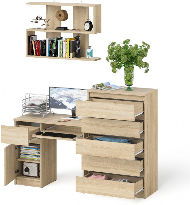 Мори компьютерный стол МС-1 левый + Комод МК700.5 + Полка 900, дуб сонома
