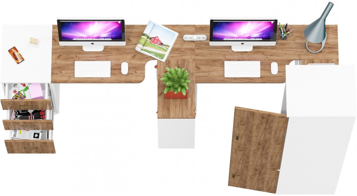 Лидер-8 Стол + Стол + Пенал МД 23Б + Тумба МД 3.16, цвет белый шагрень/крафт золото, ШхГхВ 410х50х75/190 или 270х120/50х75/190 см., НЕ ун. сб.