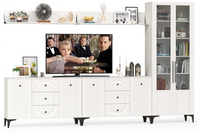 Валенсия Гостиная № 121, цвет ЛДСП белый шагрень/МДФ белый шагрень, ШхГхВ 350,4х38,4х225,2 см., универсальная сборка