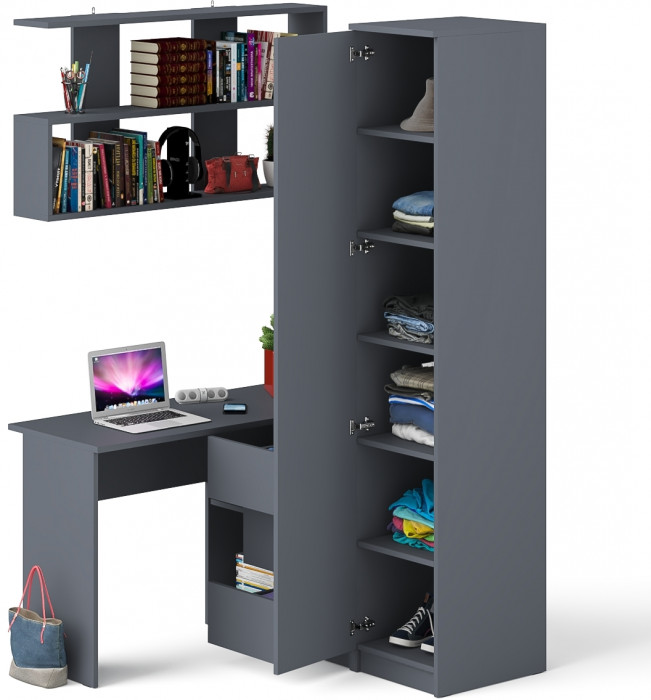 Мори компьютерный стол МС-16 правый + Пенал МШ400.1 + Полка 1200, графит