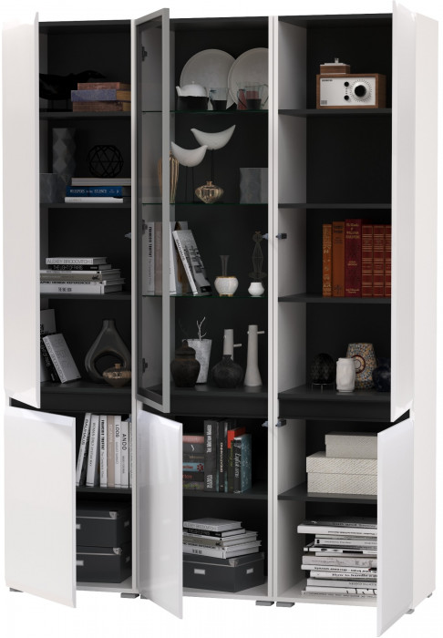 Сидней 13.200 Шкаф 2 штуки + Шкаф-витрина 13.201, корпус: белый/чёрный/фасады: МДФ белый глянец/стекло