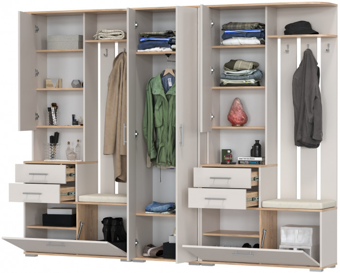 Прихожая Домино 3, цвет дуб крафт золотой/кашемир серый, ШхГхВ 260х36х202 см., универсальная сборка