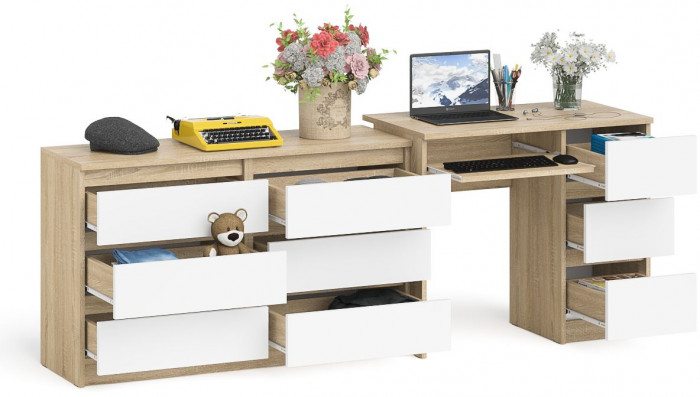 Мори компьютерный стол МС-6 правый + Комод МК1200.6, дуб сонома/белый