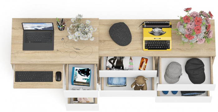 Мори компьютерный стол МС-6 правый + Комод МК1200.6, дуб сонома/белый