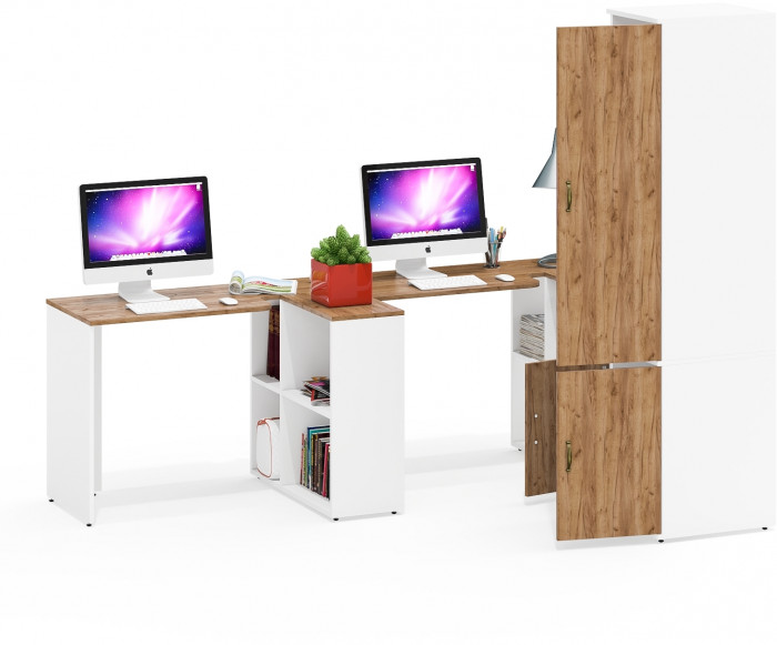 Лидер-8 Стол + Стол + Пенал МД 23Б + Тумба МД 3.19, цвет белый шагрень/крафт золото, ШхГхВ 410х50х75/190 или 230х160/50х75/190 см., НЕ ун. сб.