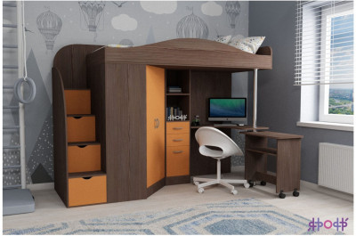 Кровать-чердак Юниор 4 (Ясень Анкор Темный/Оранжевый)