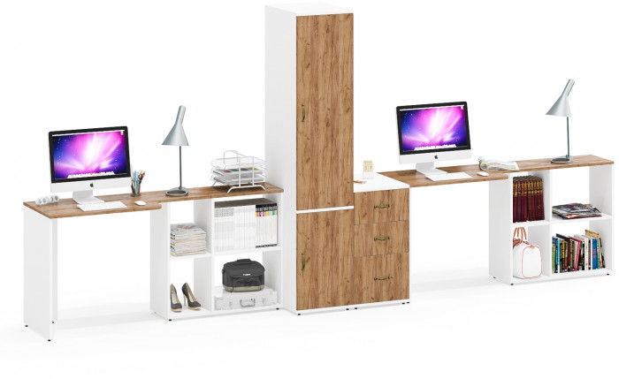 Лидер-8 Стол + Стол + Пенал МД 23Б + Тумба МД 3.16, белый шагрень/крафт золото