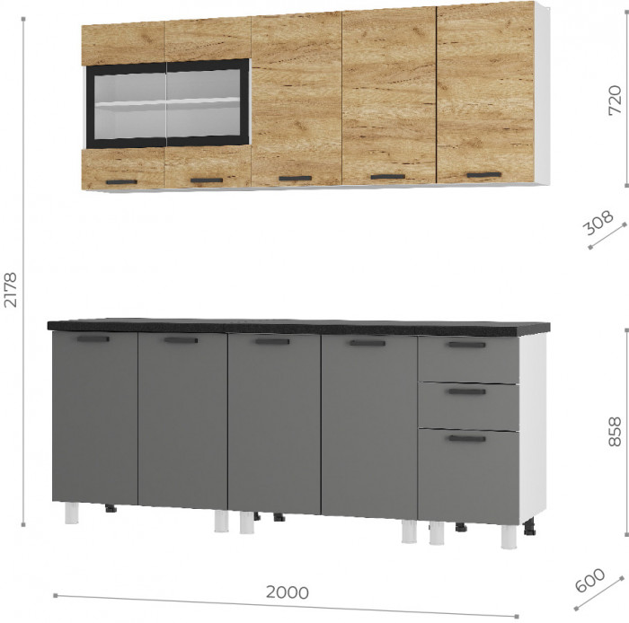 Кухня Крафт 2,0 м тип 2, Графит, Черный янтарь