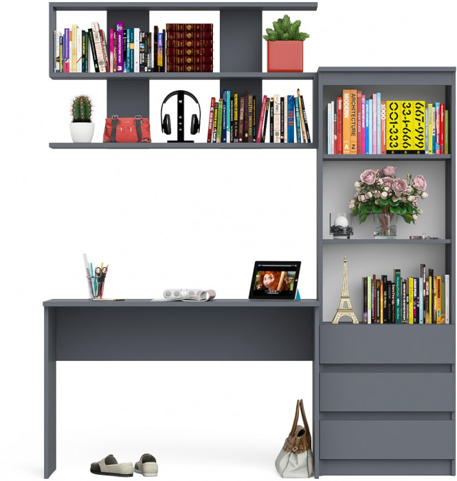 Мори Стол письменный МСП1200.1 + Стеллаж МСТ600.3 + Полка 1200, цвет графит, ШхГхВ 180,8х50х209,6 см., универсальная сборка