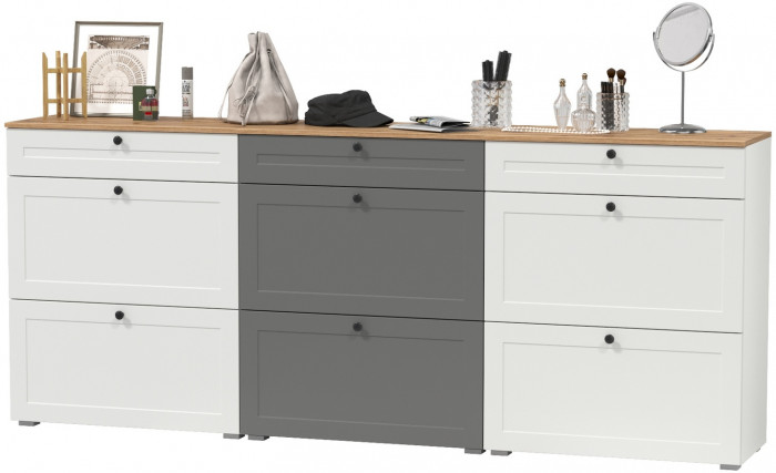 Остин 16.121 Тумба для обуви + 16.121 Тумба для обуви + 16.121 Тумба для обуви, цвет белый шагрень/дуб крафт золотой, ШхГхВ 240х41,6х99,3 см.