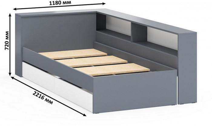 Ксения Кровать с ящиками 0900 + прикроватный блок + Столик с подсветкой 110, графит/белый