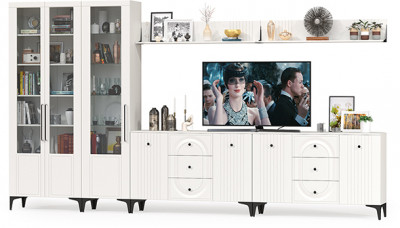 Валенсия Гостиная № 124, цвет ЛДСП белый шагрень/МДФ белый шагрень, ШхГхВ 405,4х38,4х225,2 см., универсальная сборка