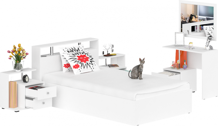 Камелия спальня № 6 Кровать 1200 + Две тумбы + Стол косметический + Зеркало, цвет белый, сп.м. 1200х2000 мм., б/м, основание есть