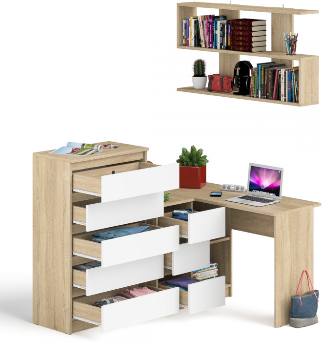Мори компьютерный стол МС-16 левый + Комод МК700.5 + Полка 1200, дуб сонома/белый