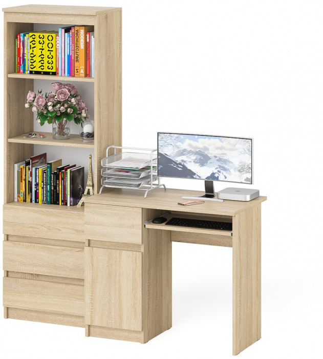 Мори Стол компьютерный МС-1 левый + Стеллаж МСТ600.3, цвет дуб сонома, ШхГхВ 150,4х50х179,6 см., выдвижной ящик слева, НЕ универсальная сборка