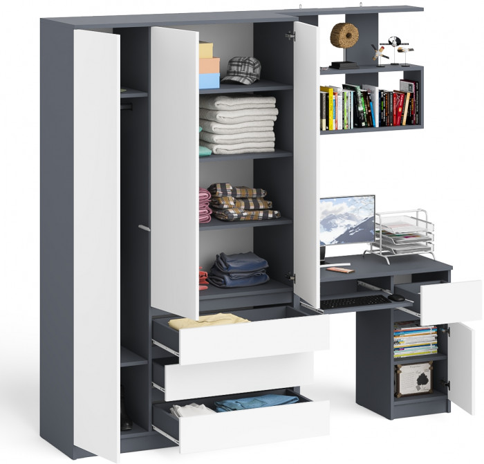 Мори компьютерный стол МС-1 правый + Шкаф МШ1200.1 + Полка 900, графит/белый