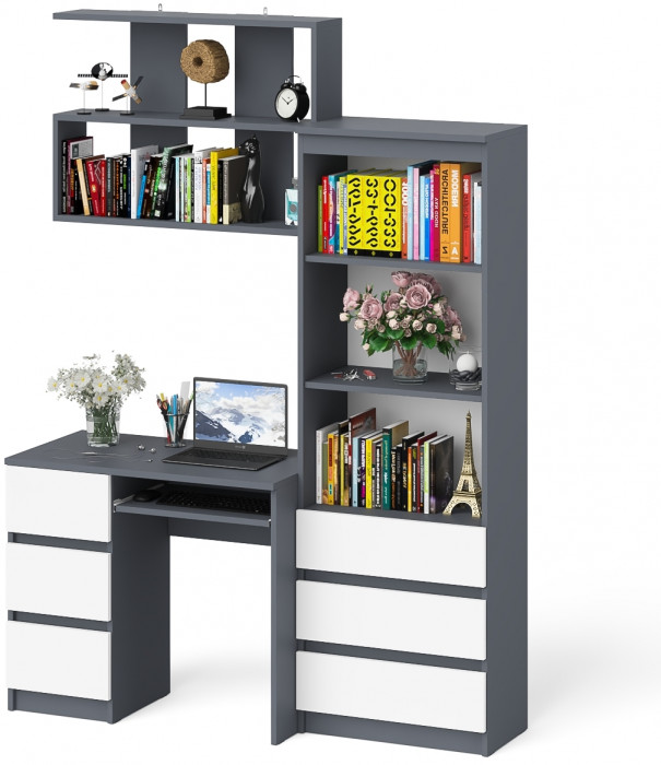 Мори компьютерный стол МС-6 левый + Стеллаж МСТ600.3 + Полка 900, графит/белый