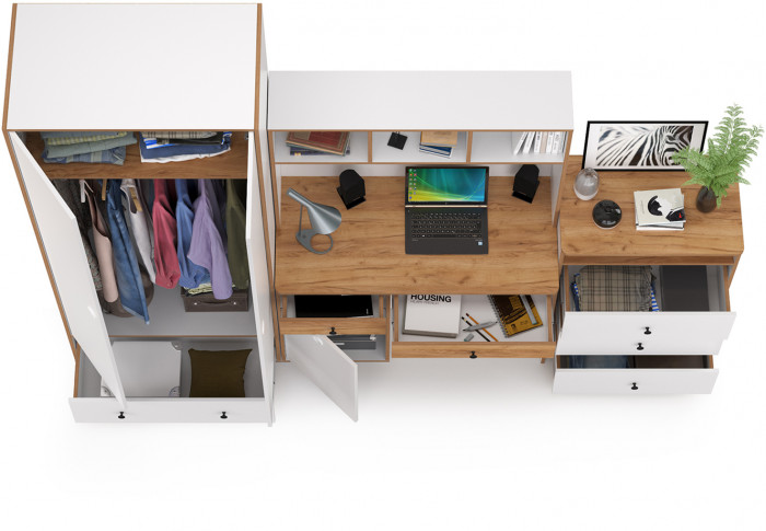 Вуди Компоновка № 51, цвет белый премиум/дуб крафт золотой, ШхГхВ 266х52,7х180,3 см., универсальная сборка