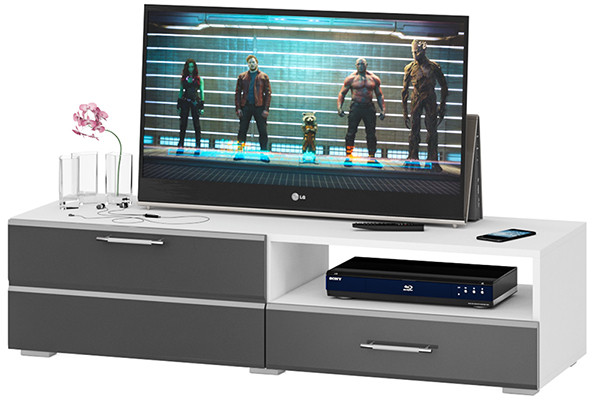 Тумба под ТВ Ларго 1,4, цвет корпус белый/фасады МДФ графитово-серый глянец, ШхГхВ 140х46х35 см., НЕ универсальная сборка