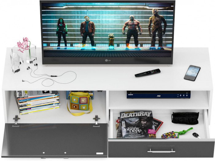 Тумба под ТВ Ларго 1,4, цвет корпус белый/фасады МДФ графитово-серый глянец, ШхГхВ 140х46х35 см., НЕ универсальная сборка