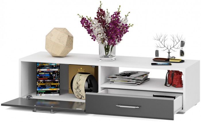 Тумба под ТВ Ларго 1,4, цвет корпус белый/фасады МДФ графитово-серый глянец, ШхГхВ 140х46х35 см., НЕ универсальная сборка