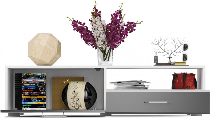 Тумба под ТВ Ларго 1,4, цвет корпус белый/фасады МДФ графитово-серый глянец, ШхГхВ 140х46х35 см., НЕ универсальная сборка